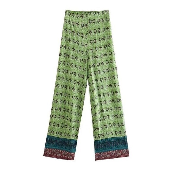 ZARA GREEN PRINT WIDE LEG AFRICAN MOTIF FLOWY BOHO PANT- M - Picture 4 of 6